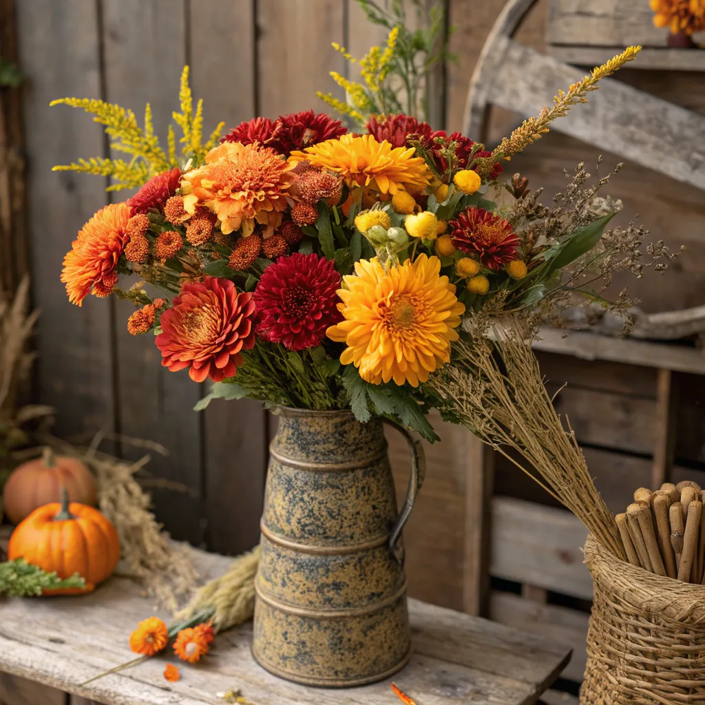 Elegant bouquet of autumn flowers displayed in a rustic setting